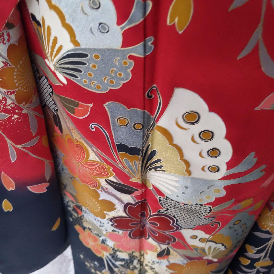 404赤黒　舞蝶　正絹振袖6点フルセット　成人式卒業式晴れの日コンサート式典