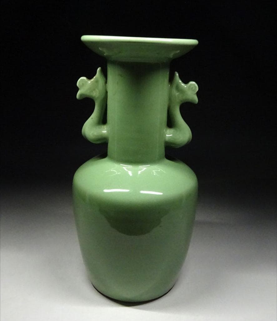 中国古玩 青磁 双耳 花瓶 高約30cm 唐物 時代物 t92559