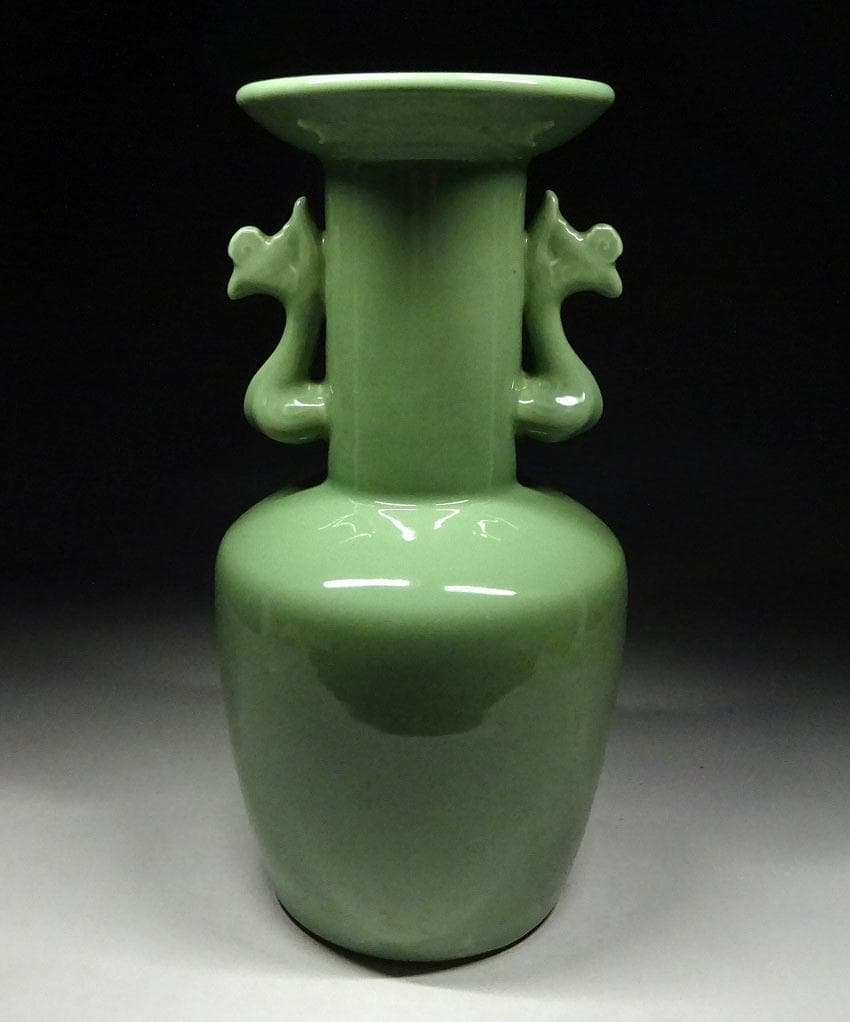 中国古玩 青磁 双耳 花瓶 高約30cm 唐物 時代物 t92559