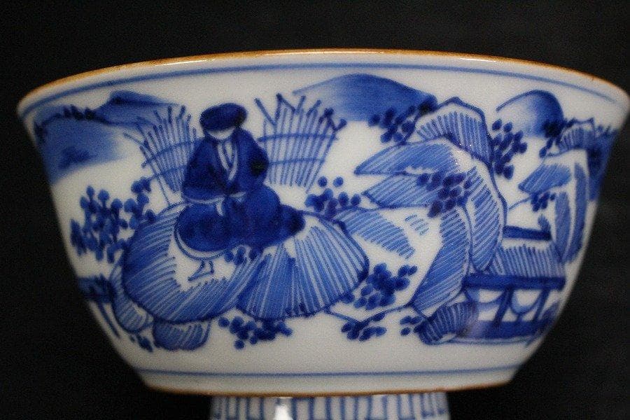 中国美術 倣古 青花 山水人物紋 蓋碗 祥瑞 五件 φ10.5cm 旧家蔵出