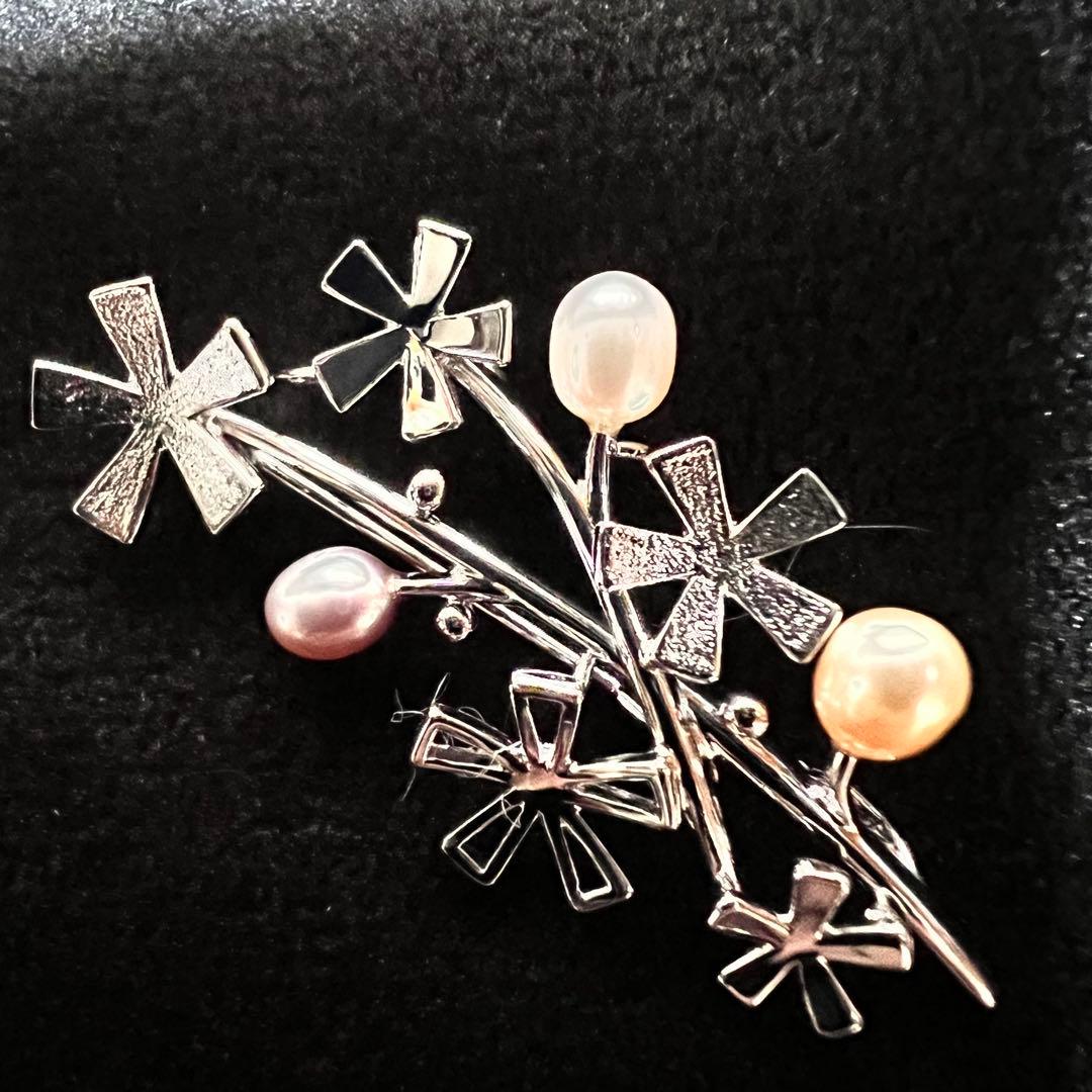 田崎真珠/3色パールシルバー刻印ブローチ