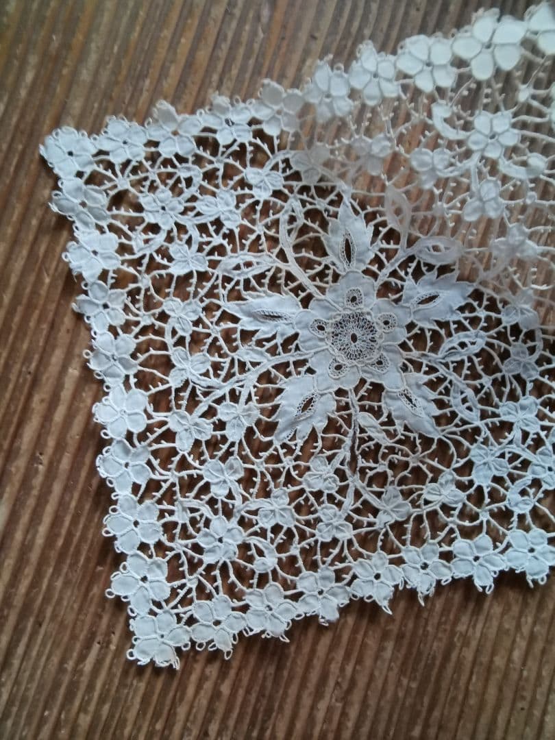1800年代 キャリックマクロスレース精緻なカットワーク&ニードル刺繍 三つ葉花