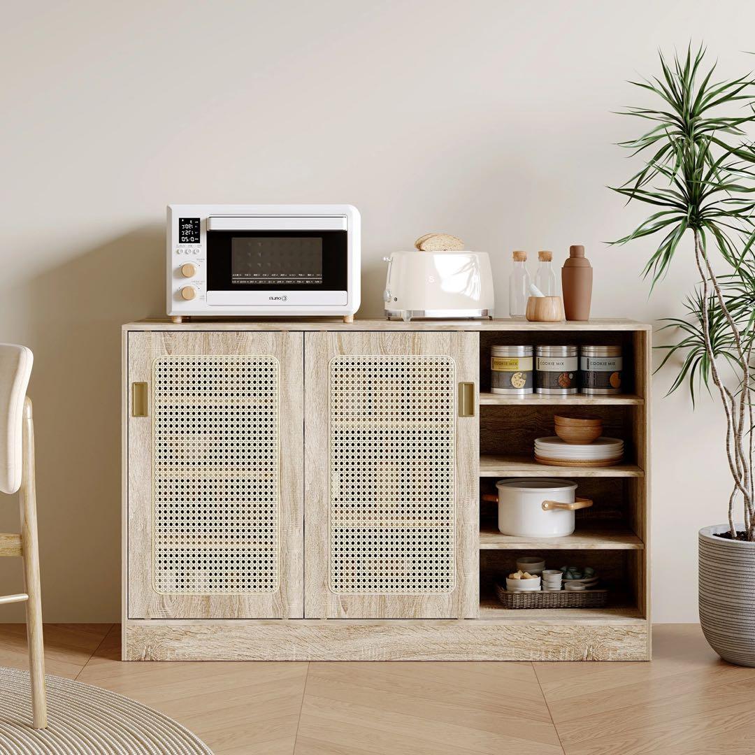 ラタンサイドボード 幅90cm スライドドア 扉付き 木製