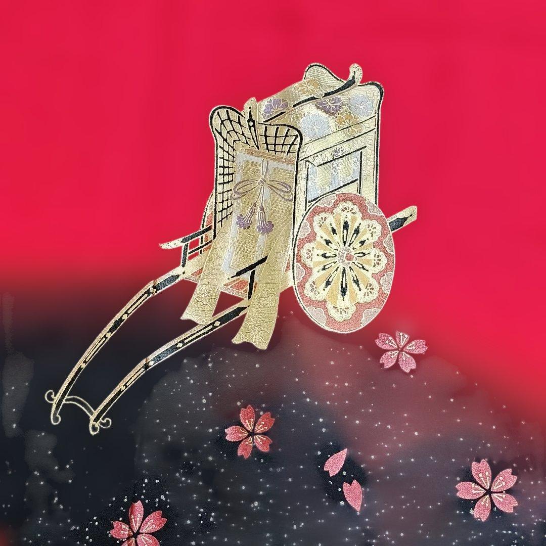 振袖　赤色 桜柄　御所車紋　京都きもの友禅　シック