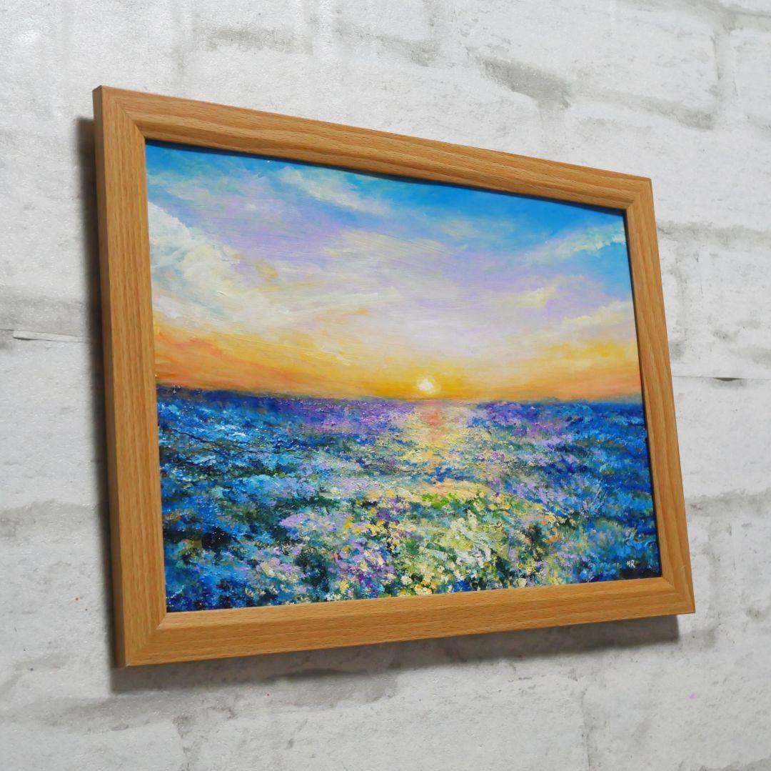 油絵 油彩 油彩画 絵 絵画【夕日に輝くネモフィラ】