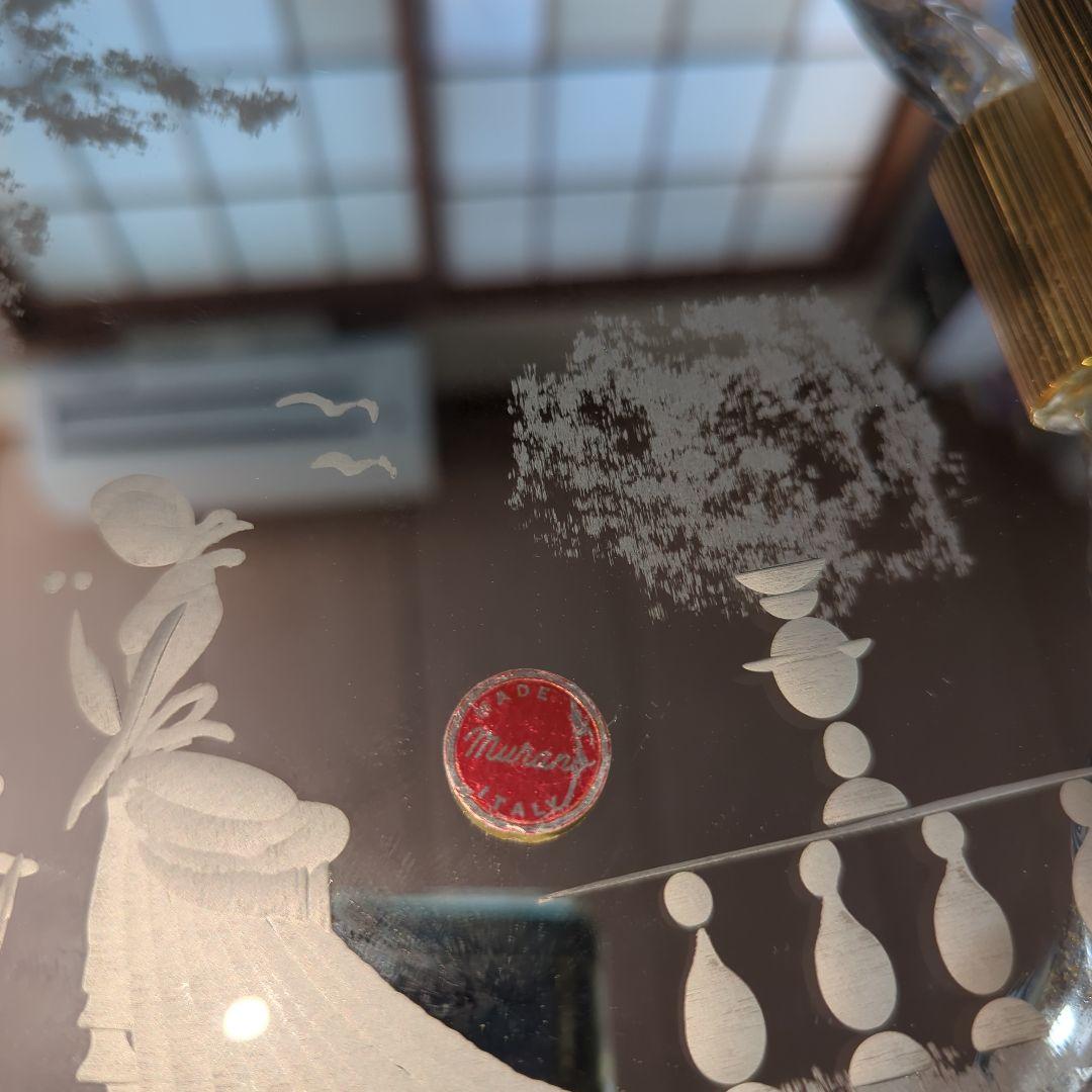 ムラーノ エッチングデザインの円形ミラー トレイ Italy製