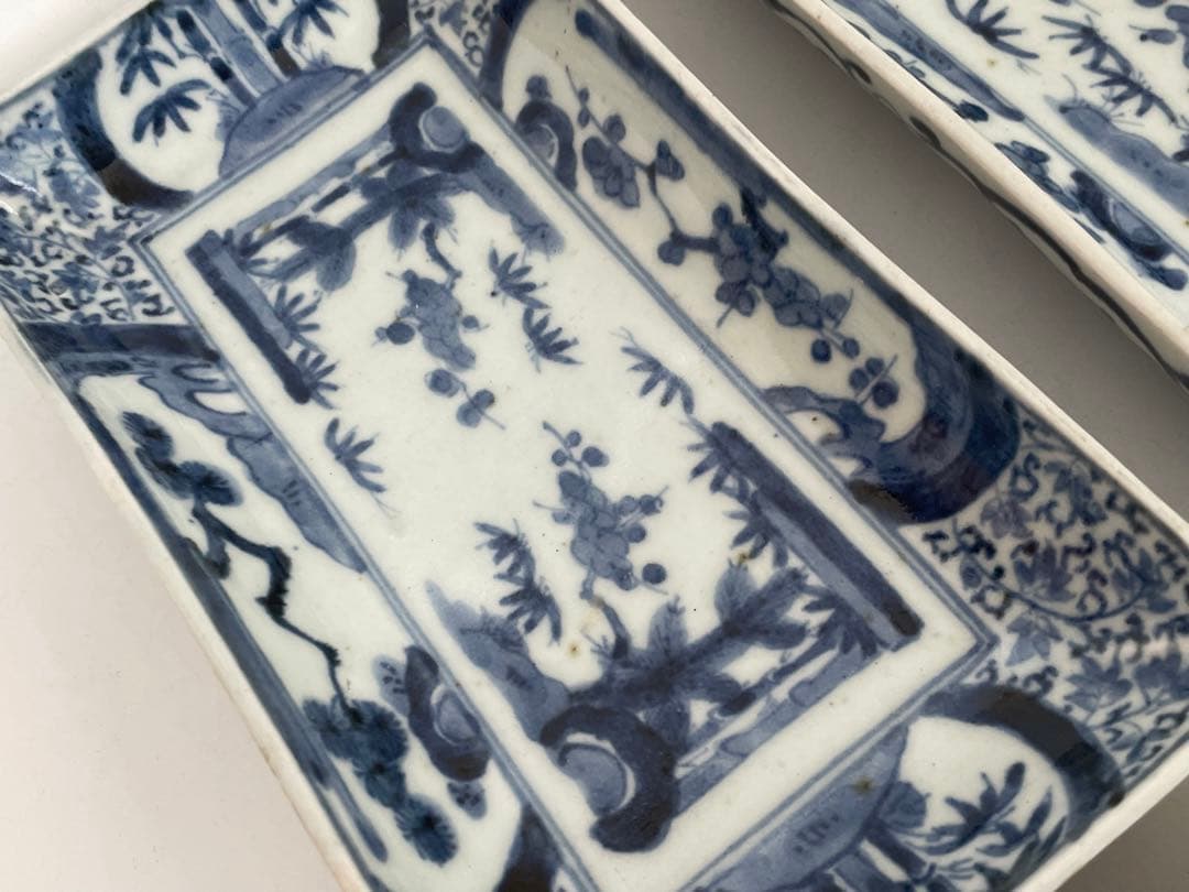 骨董　アンティーク　古伊万里　染付　松竹梅図　長方皿　長皿　鮎皿　向付