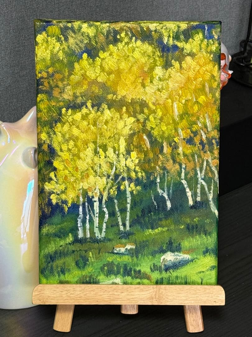 「金色の森」　手描き　油絵　風景画　原画　油彩画　印象派