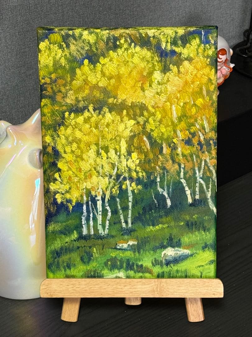 「金色の森」　手描き　油絵　風景画　原画　油彩画　印象派