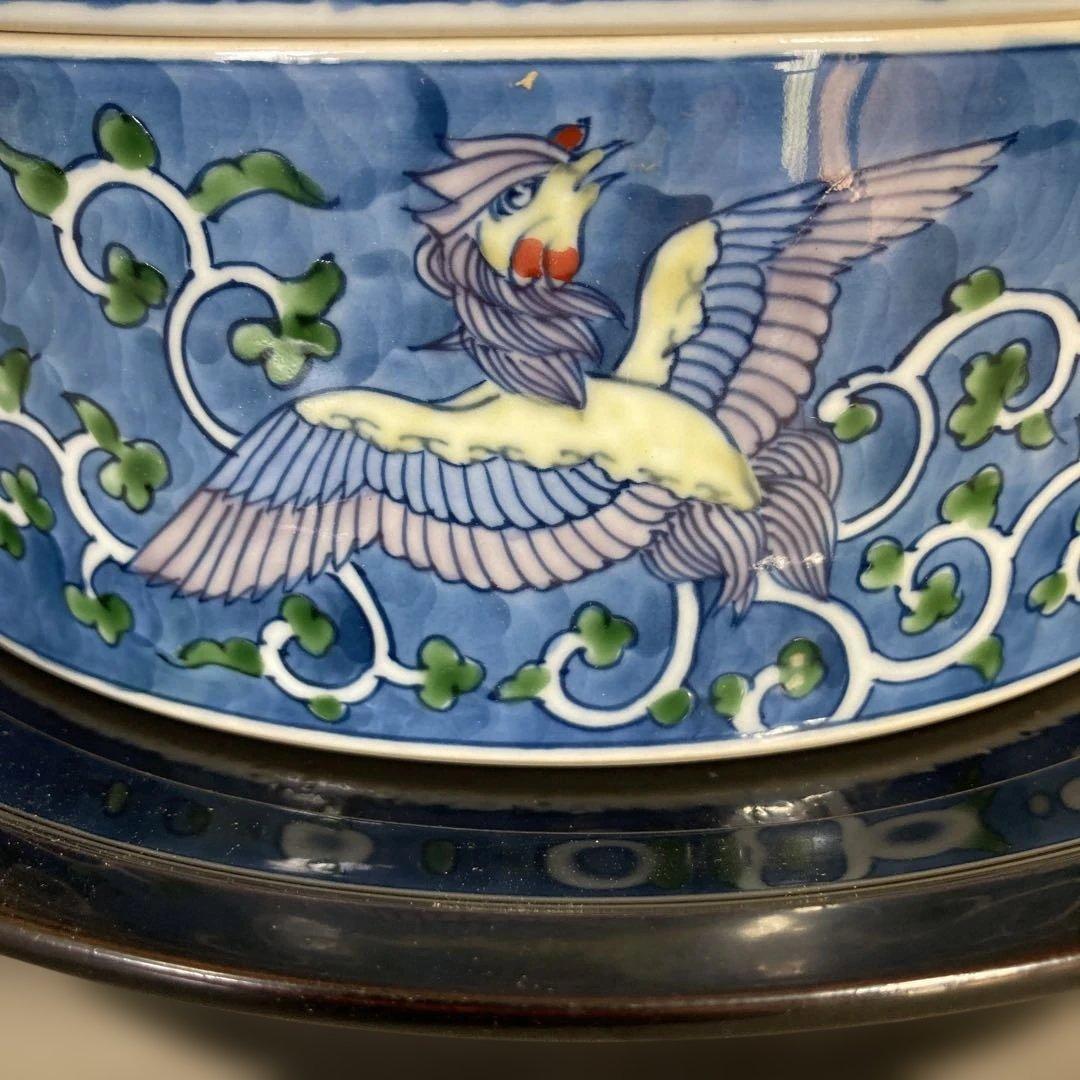 【源右衛門】古伊万里の伝統　名窯　舘林源右衛門作　染錦濃唐草鳳凰文　三段重大蓋物