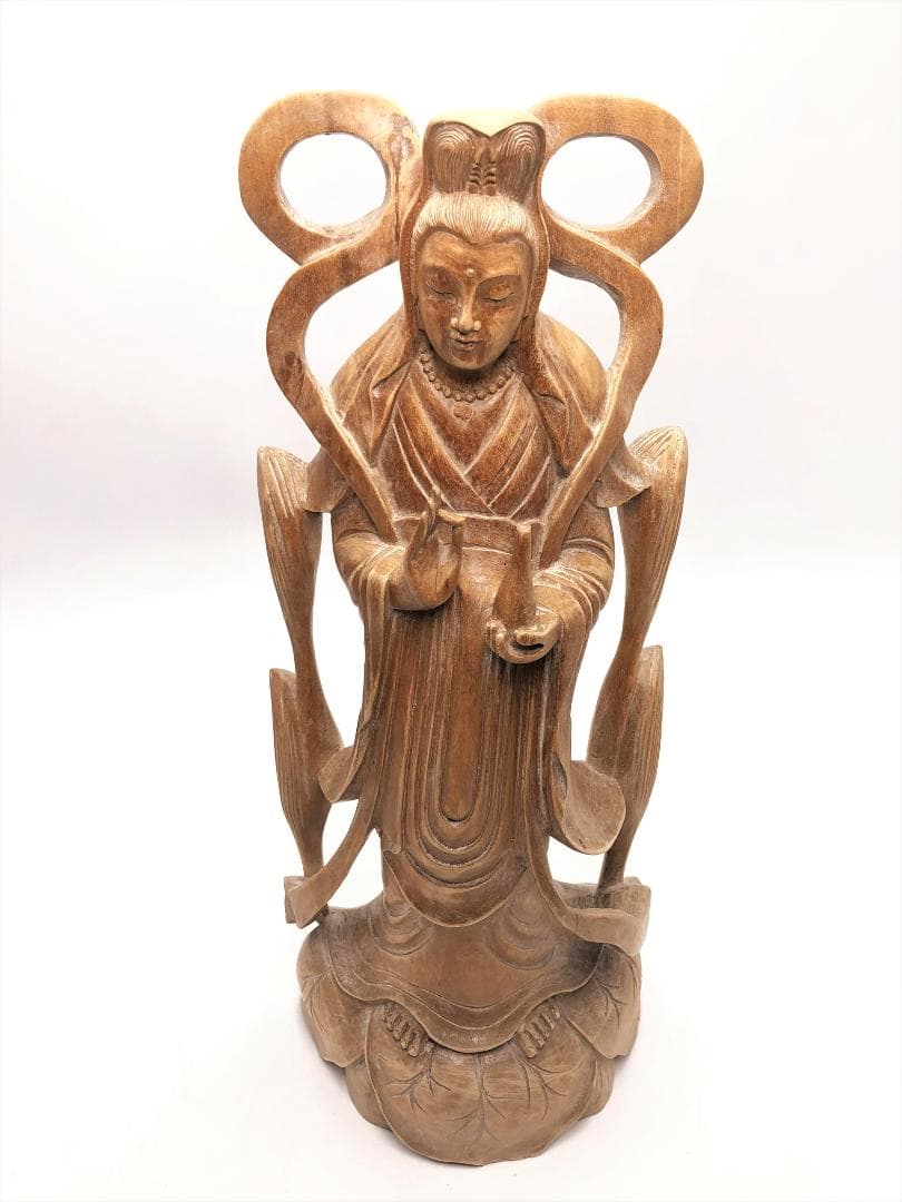 【 木彫羽衣観音 】　柘植36.5ｃｍ　アンティーク