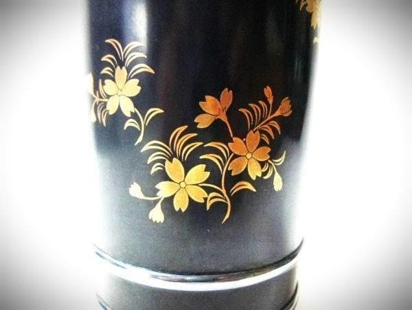 加賀塗師 砺波宗斎 桜花文 桶樽型 花生 天然木 本漆器 時代物