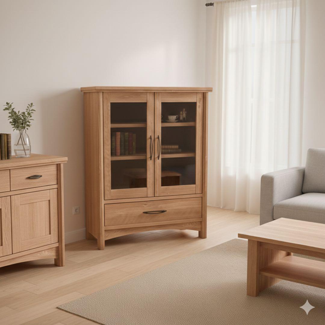 オーク調 キャビネット 朝日木材 ナチュラルウッド ガラス扉 収納棚