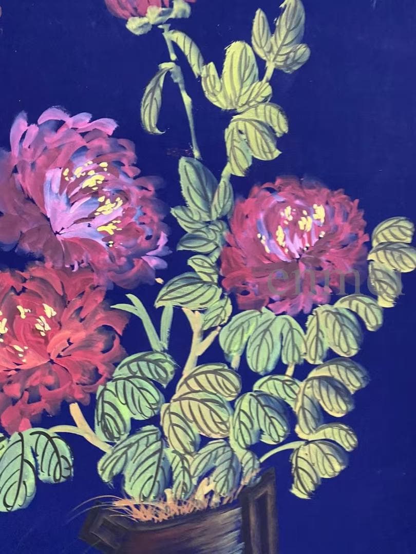 中国古美術・旧藏珍品・齐白石款・花卉画・宣紙・純手描き・掛軸・中堂畫・藍地装飾