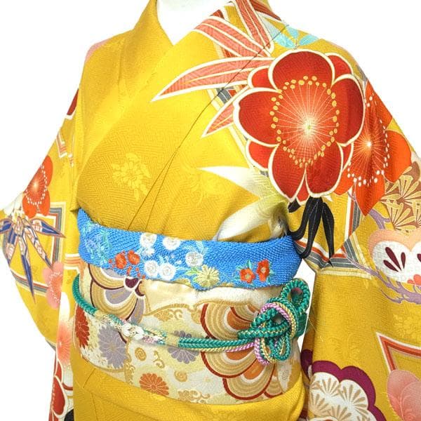 振袖 着物 金彩加工 地紋 黄色 紺色 松竹梅 裄66 Ｌ 中古 sn1462