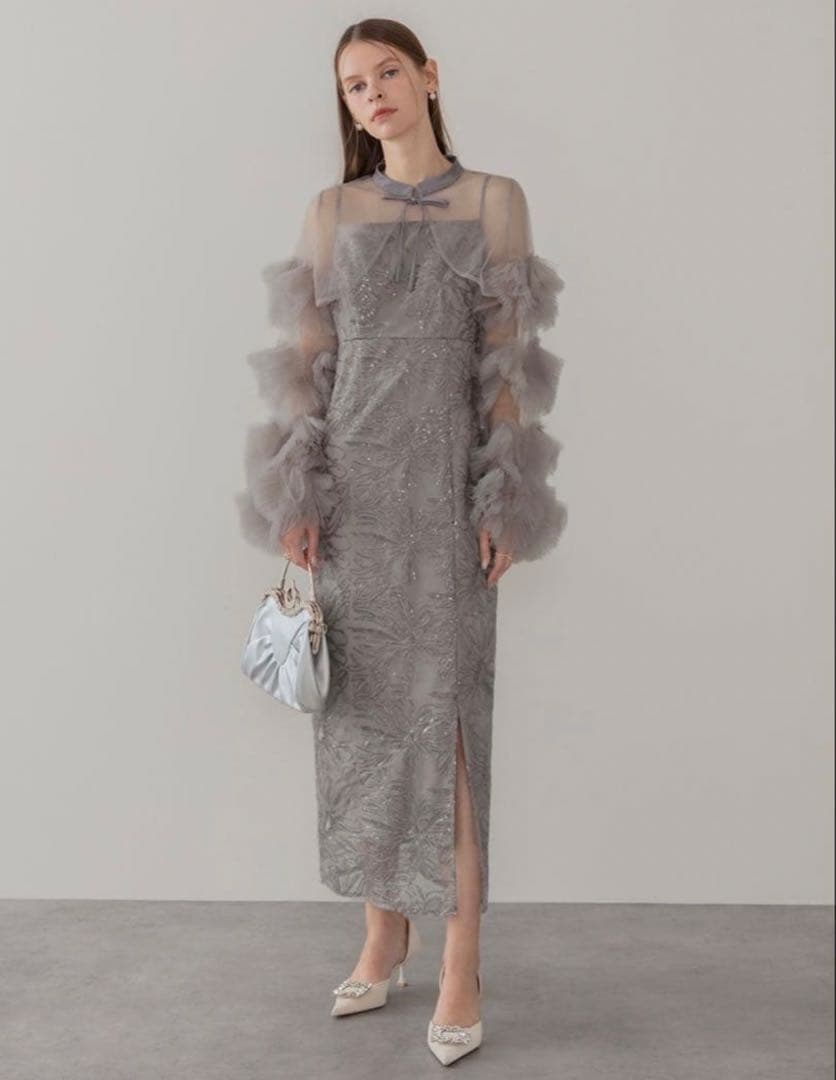 即日発送可能 leja フリルチュールスリーブリボンIラインワンピースドレス