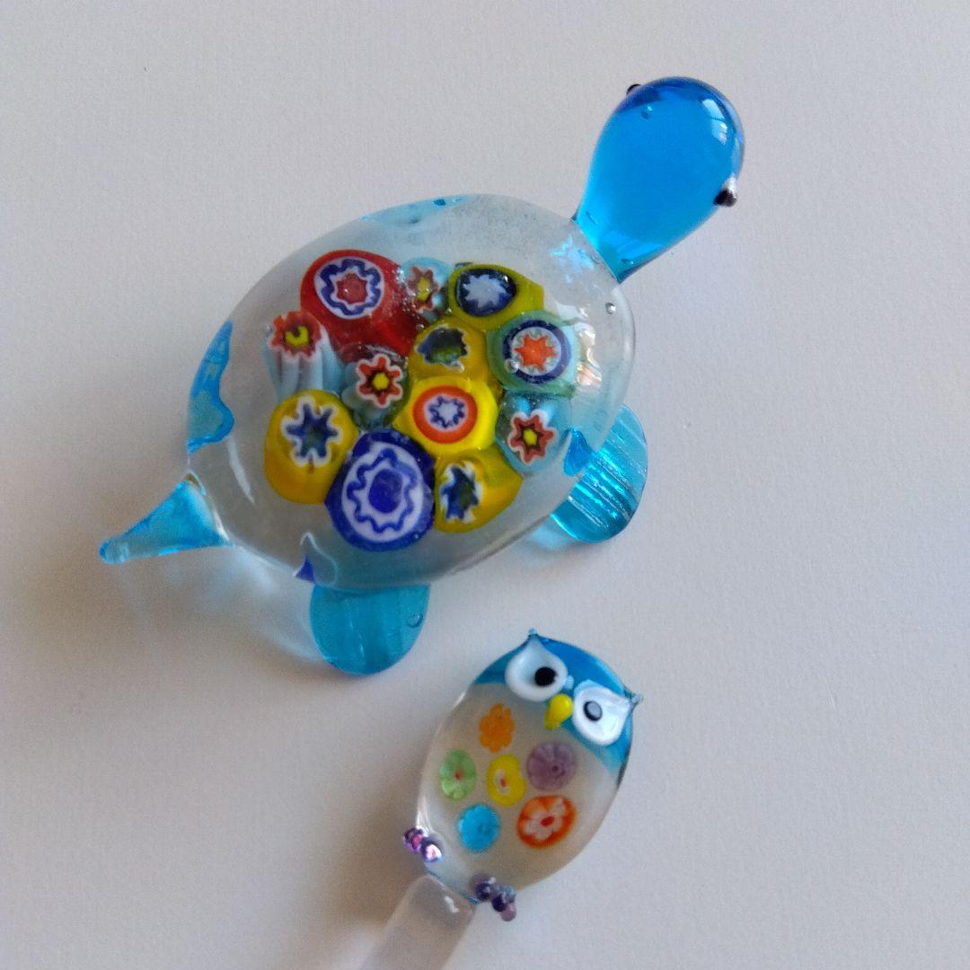 【新品】ベネチアングラス ガラス ミレフィオリ かめ カメ フクロウ ふくろう