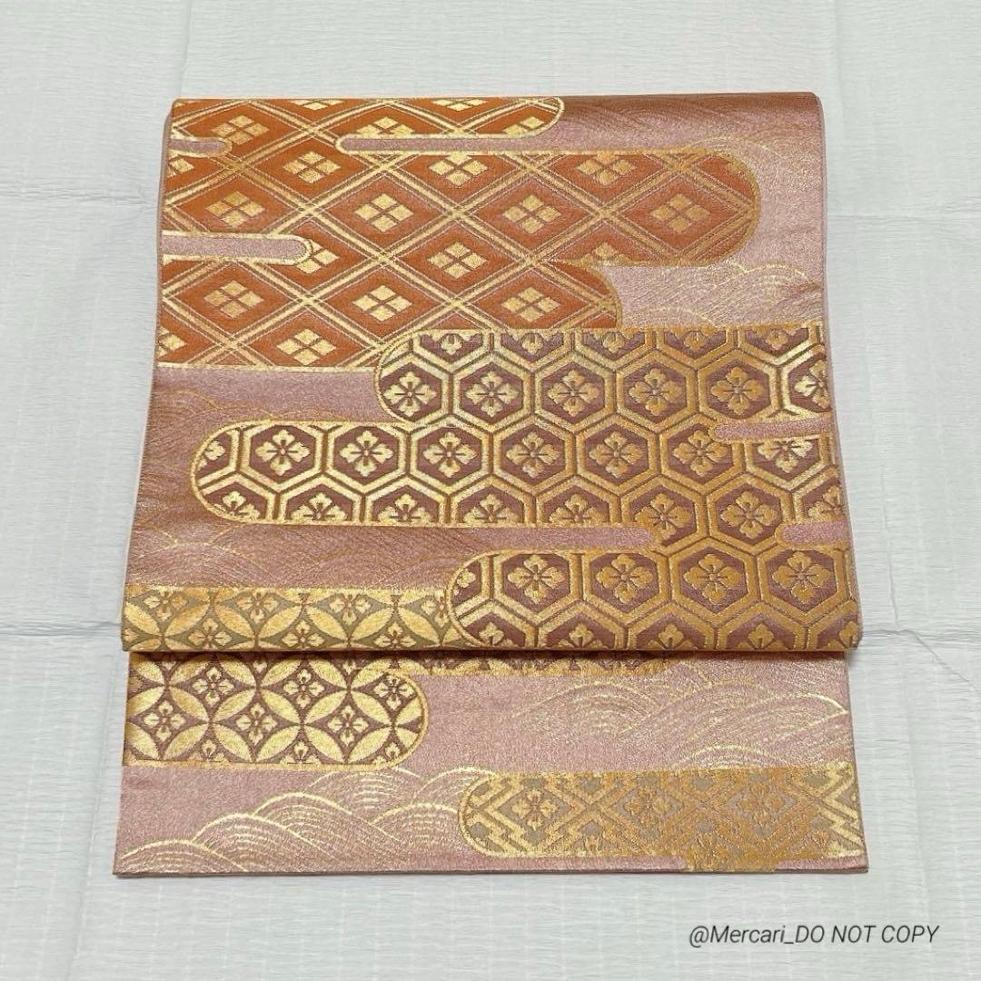 梅垣織物　袋帯　有職霞文　西陣織　正絹　金糸　ピンク