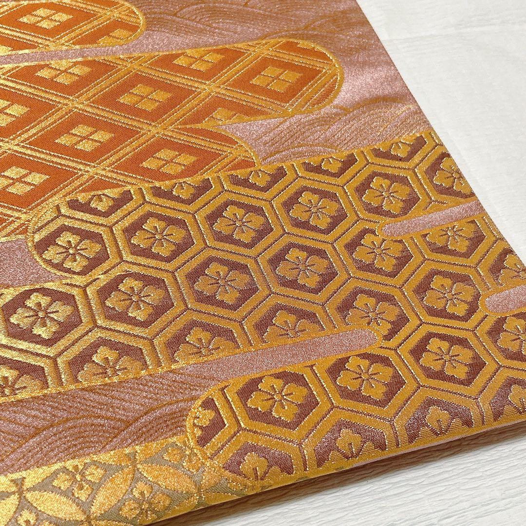 梅垣織物　袋帯　有職霞文　西陣織　正絹　金糸　ピンク