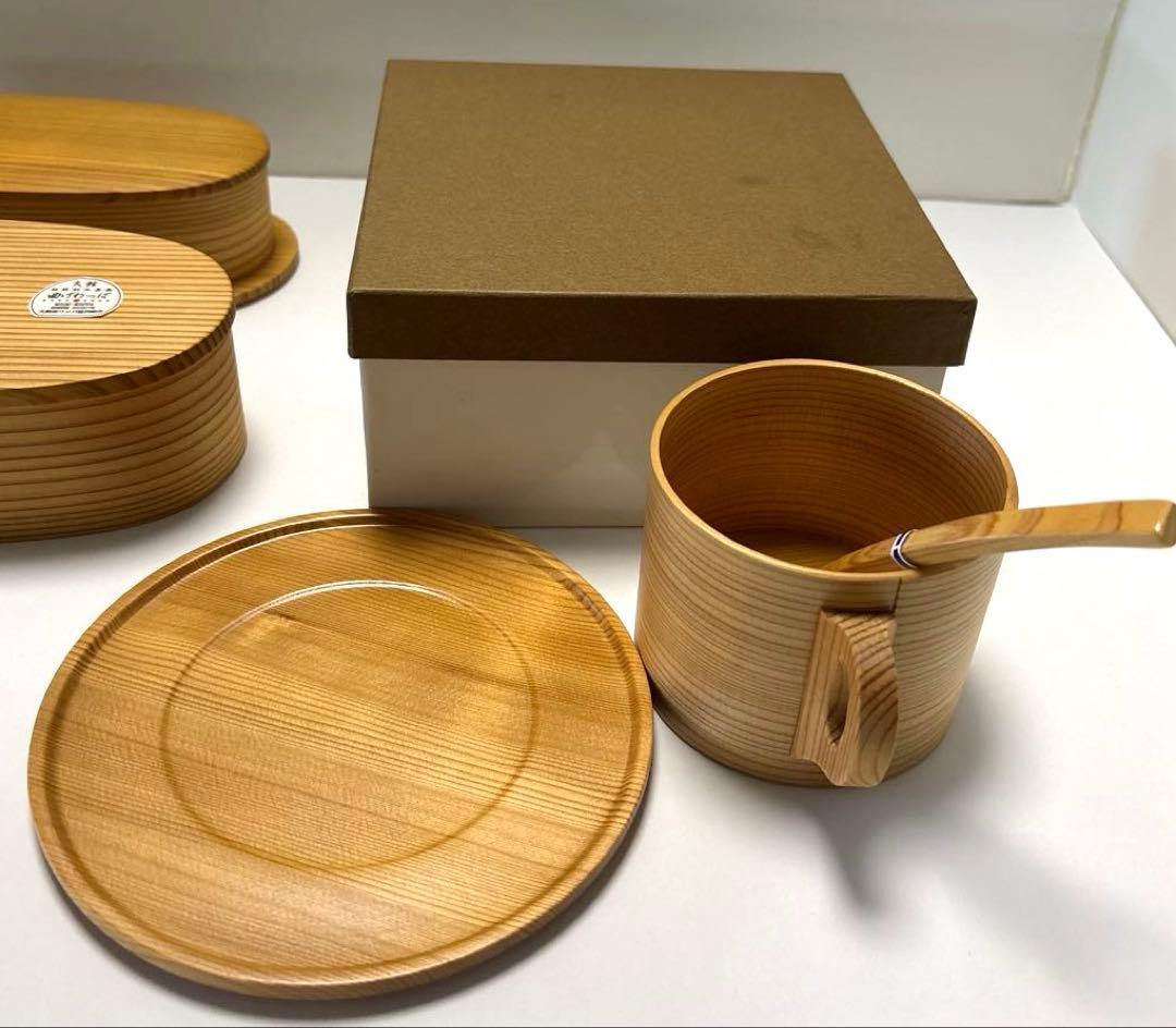日本製 大館曲げわっぱ やぐら弁当 二段　と　曲物カップ　スプーン付セット未使用