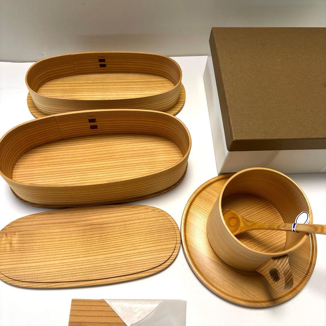 日本製 大館曲げわっぱ やぐら弁当 二段　と　曲物カップ　スプーン付セット未使用