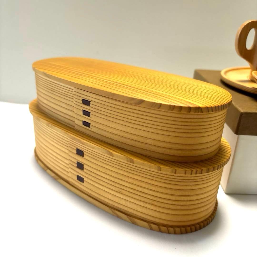 日本製 大館曲げわっぱ やぐら弁当 二段　と　曲物カップ　スプーン付セット未使用