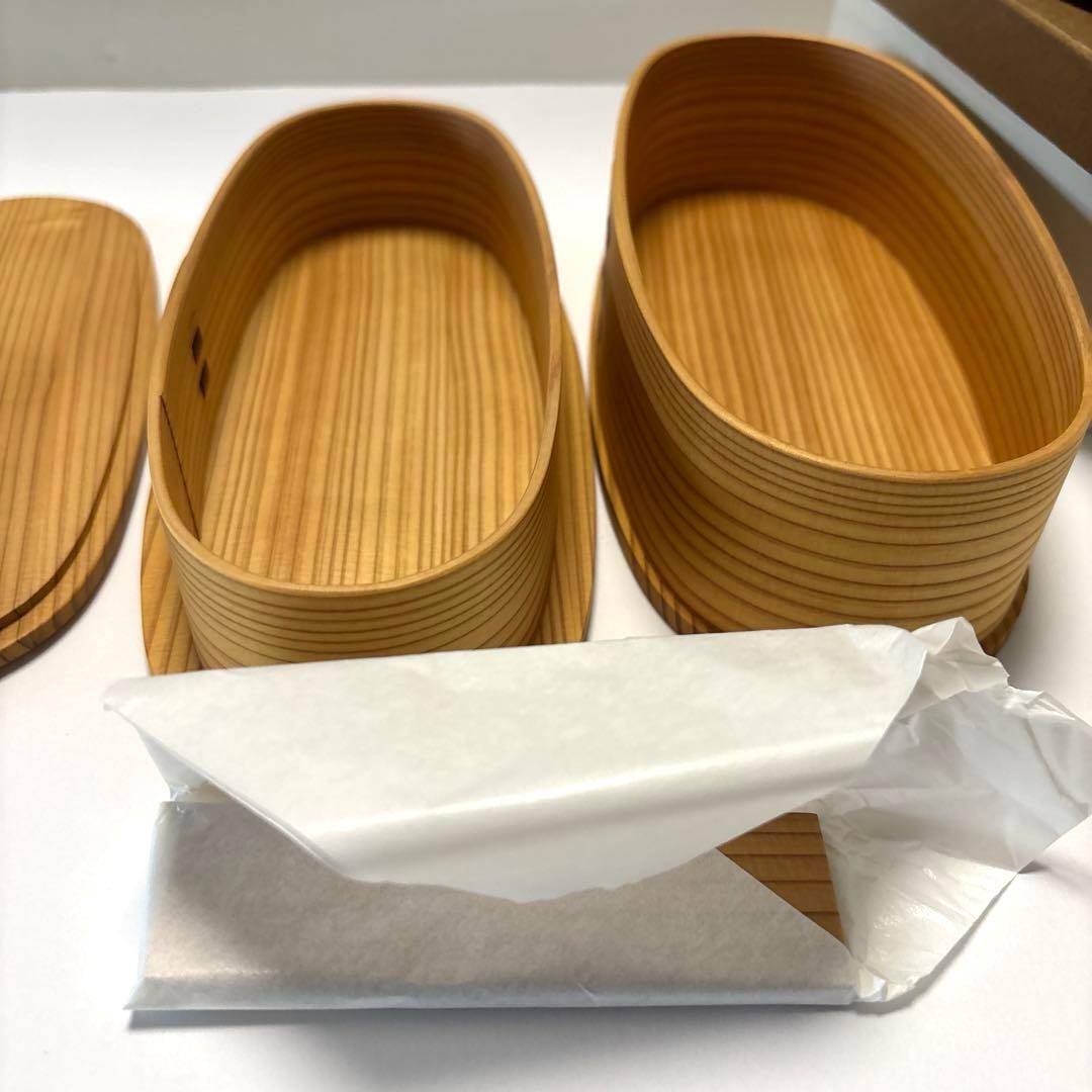 日本製 大館曲げわっぱ やぐら弁当 二段　と　曲物カップ　スプーン付セット未使用