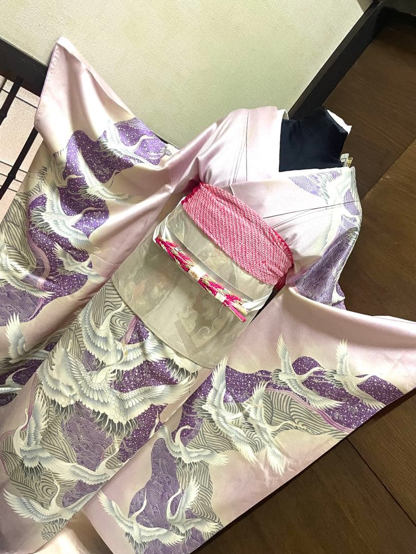 振袖フルセット6点サイズM〜Ｌ駒刺繍　飛鶴文　銀彩　正絹