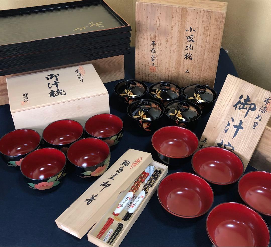 《R》輪島塗 越前塗 会津塗 膳椀箸まとめて 山田漆器等 木箱 250911H5