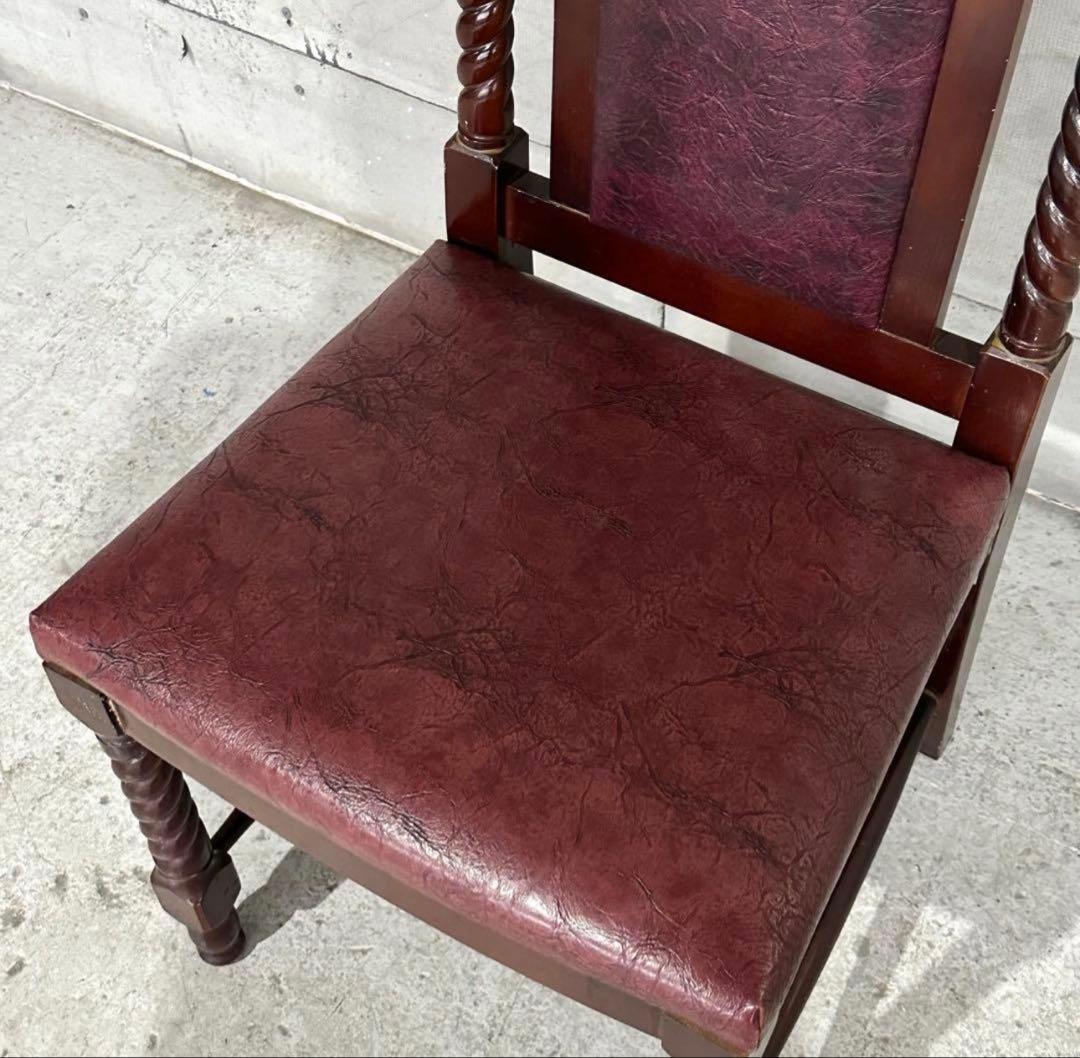 ✦バロック調✦アンティークチェア 木製 ツイスト脚 ワインレッド 鉄鋲 合皮張り