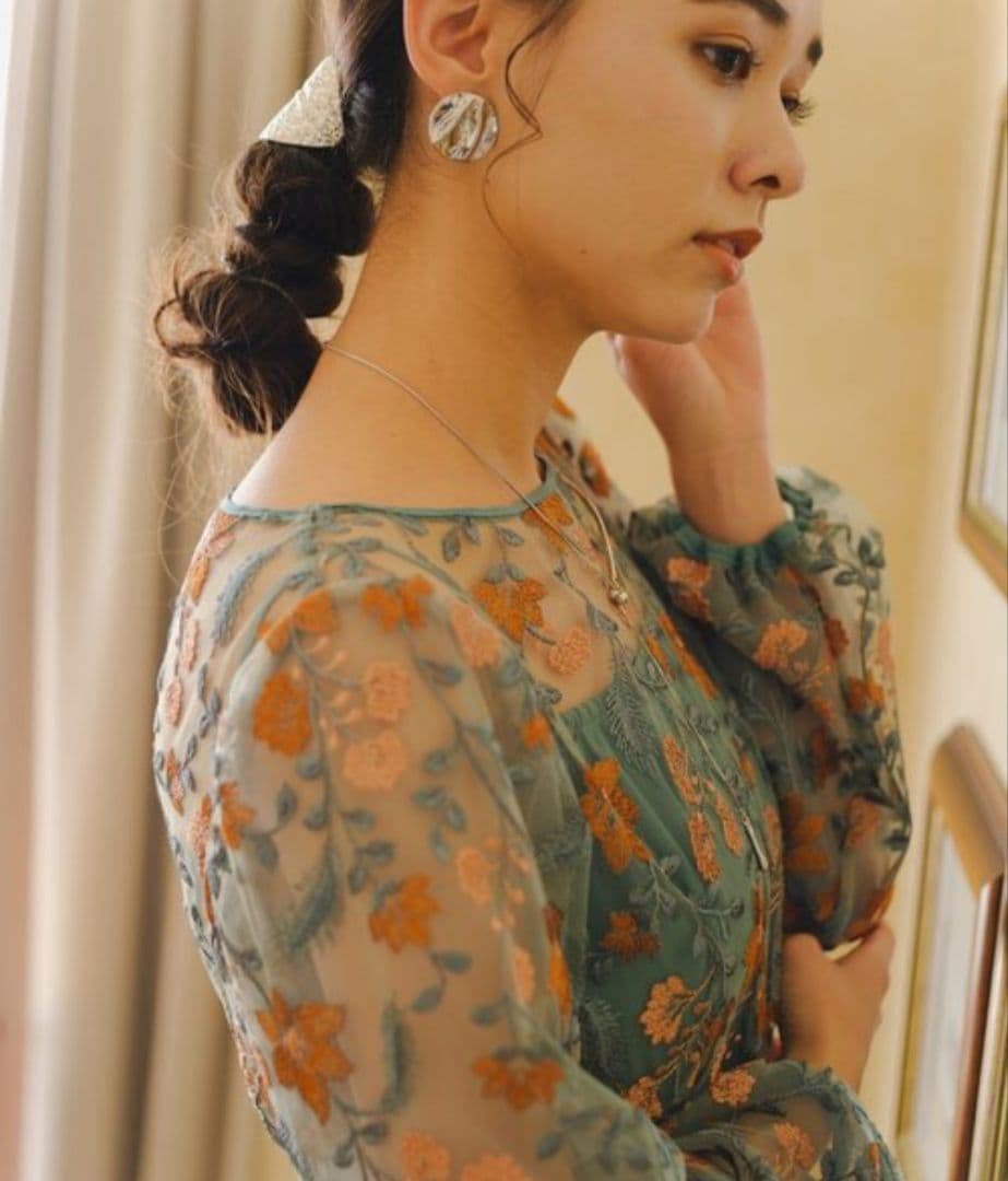 Kastane オケージョン ドレス 結婚式 ワンピース　グリーン　花柄　M