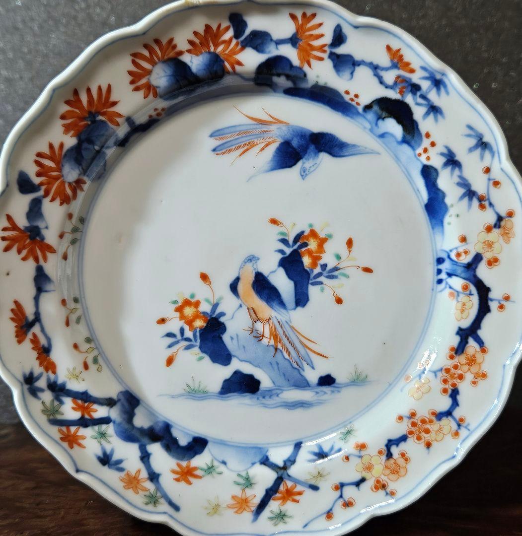 【名品❗】江戸時代後期　柿右衛門様式　染錦　双鳥に　梅花　紅葉　赤花の図　輪花皿