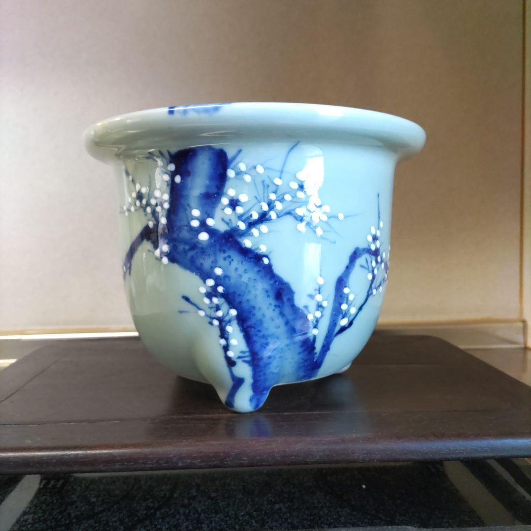 盆栽鉢、尾張焼、 瀬戸焼 、青磁、 染付 梅図 3本足、 蘭鉢 、植木鉢 、大型