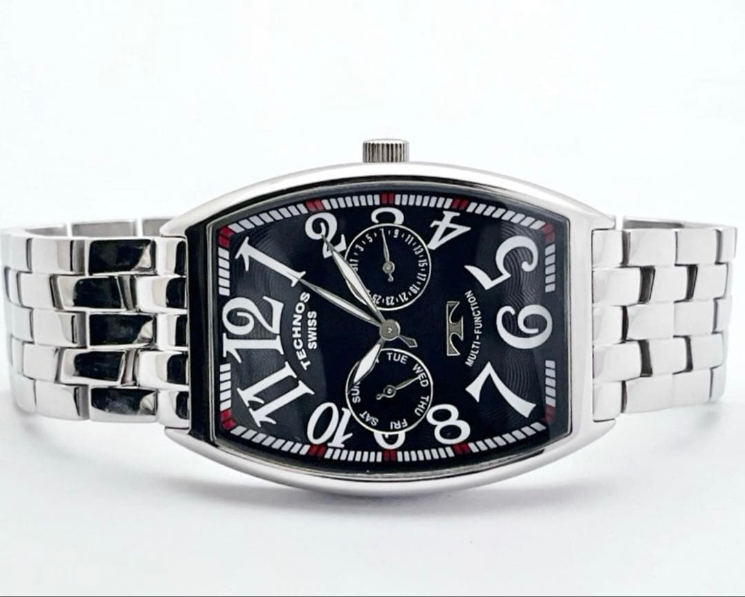 TECHNOS テクノス デイデイト ブラック文字盤 トノー型 メンズ 腕時計