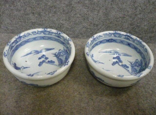 伊万里 線描き 染付 海辺 帆掛舟 風景図 深鉢 1対 [B31314]