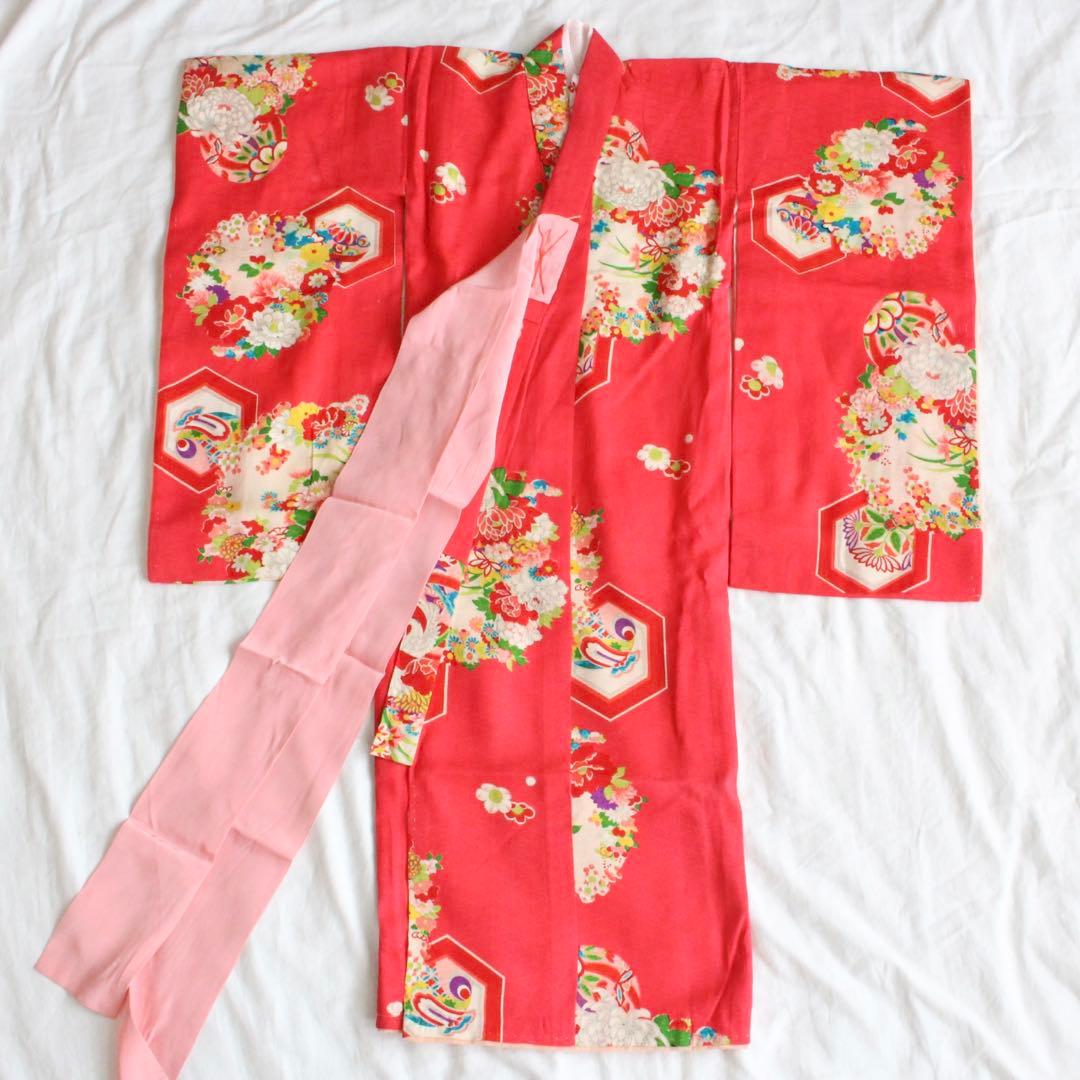 七五三 3歳 女の子 子供 正絹 アンティーク 着物 被布 セット