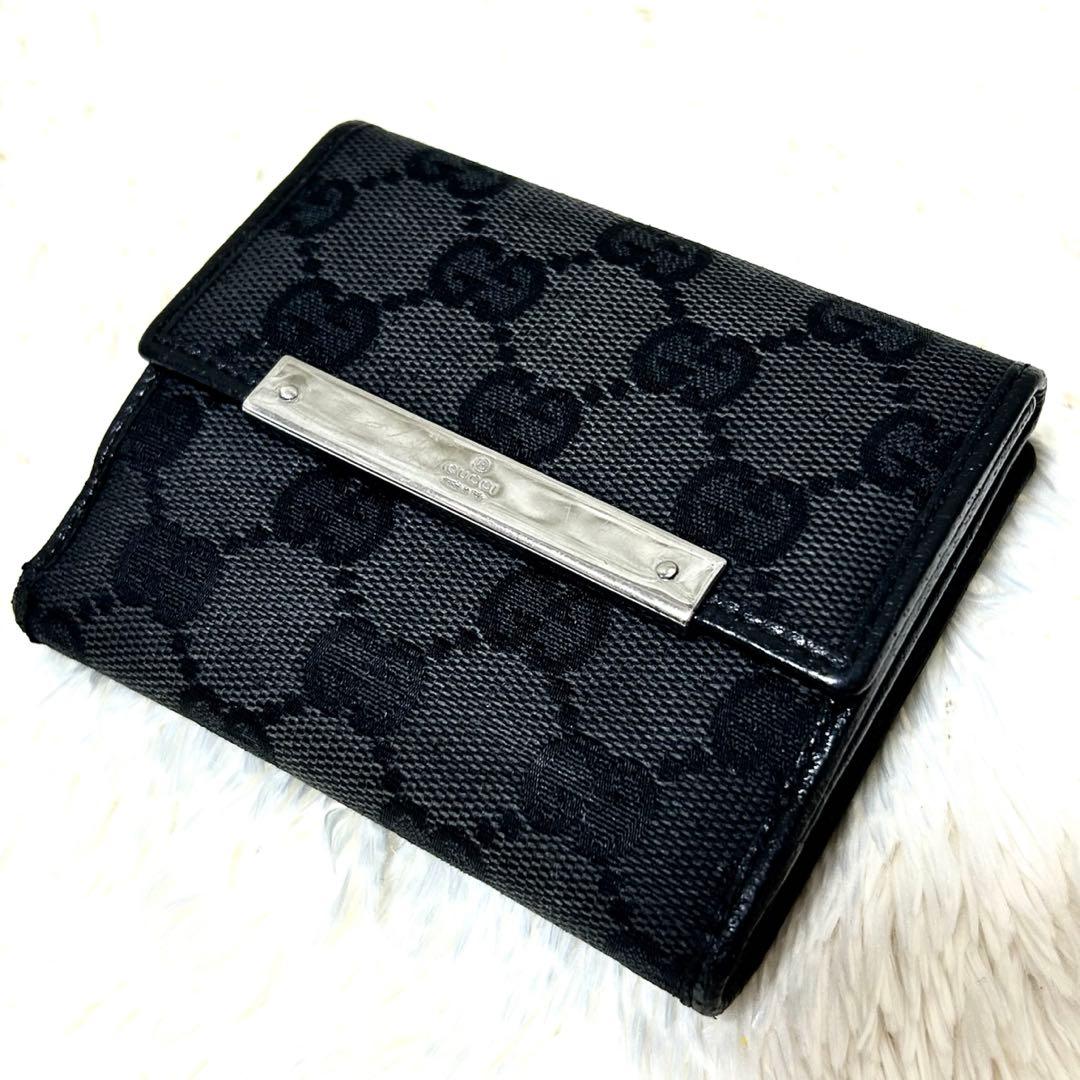 美品✨GUCCI グッチ GG柄 三つ折り財布 ブラック ロゴプレート　ブラック