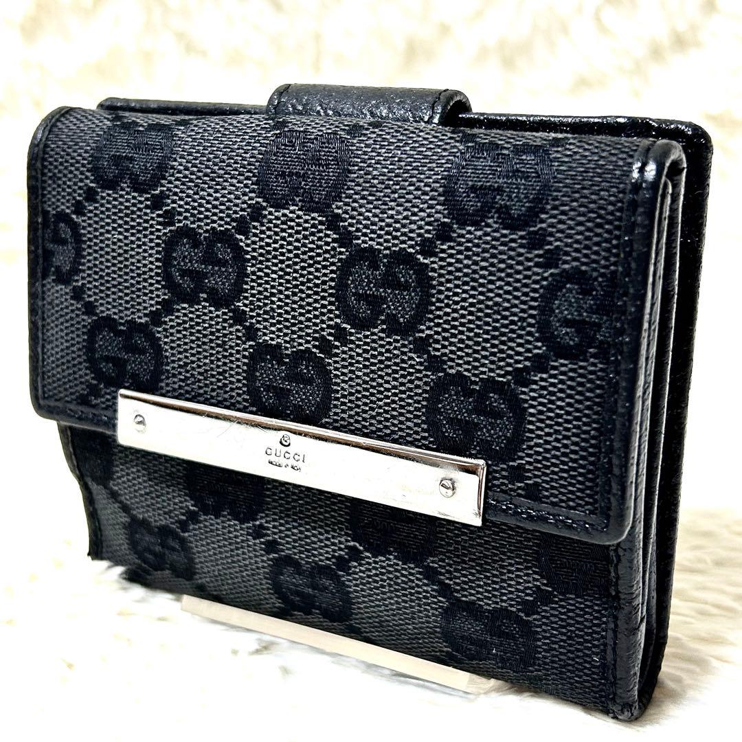 美品✨GUCCI グッチ GG柄 三つ折り財布 ブラック ロゴプレート　ブラック