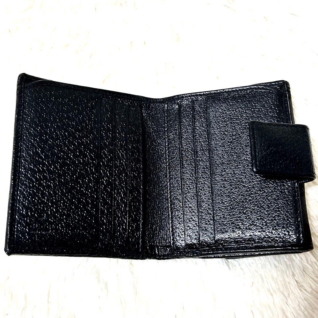 美品✨GUCCI グッチ GG柄 三つ折り財布 ブラック ロゴプレート　ブラック