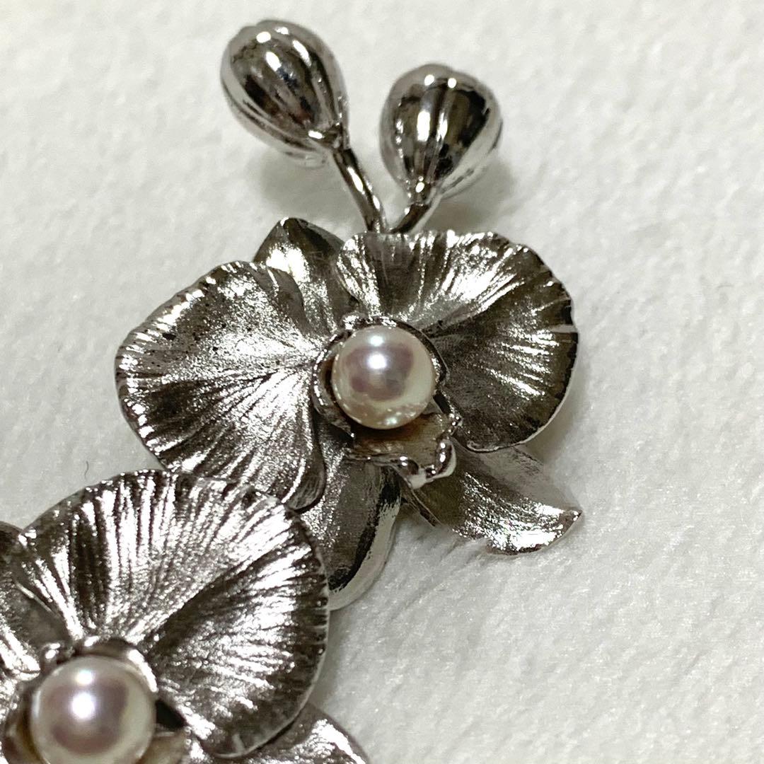 極美品 アコヤ真珠 ピンブローチ 胡蝶蘭 極上 銀細工 SILVER 925