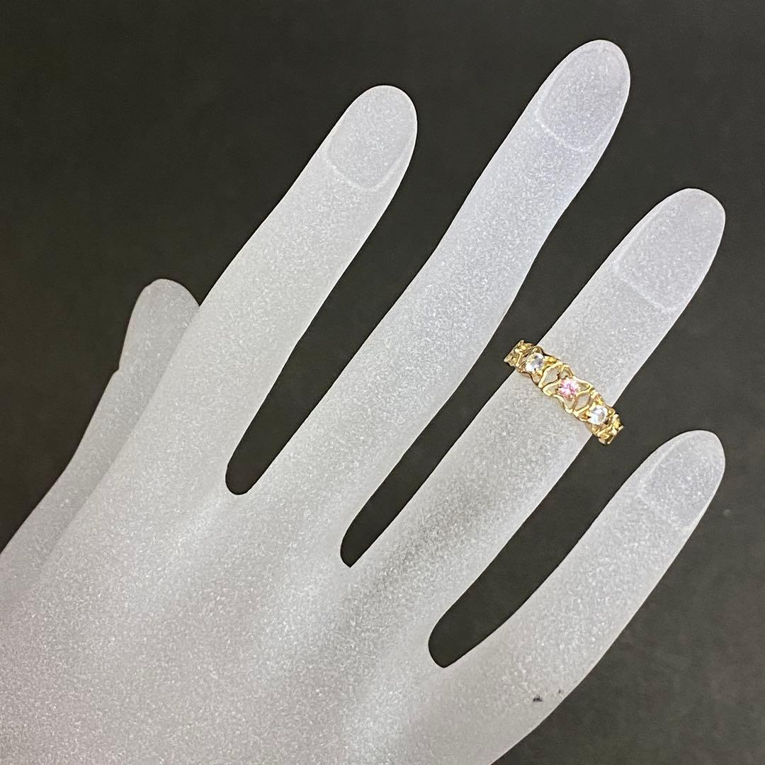 K18　天然ピンクトルマリンリング　ブルートパーズ　サイズ9号　1.65g