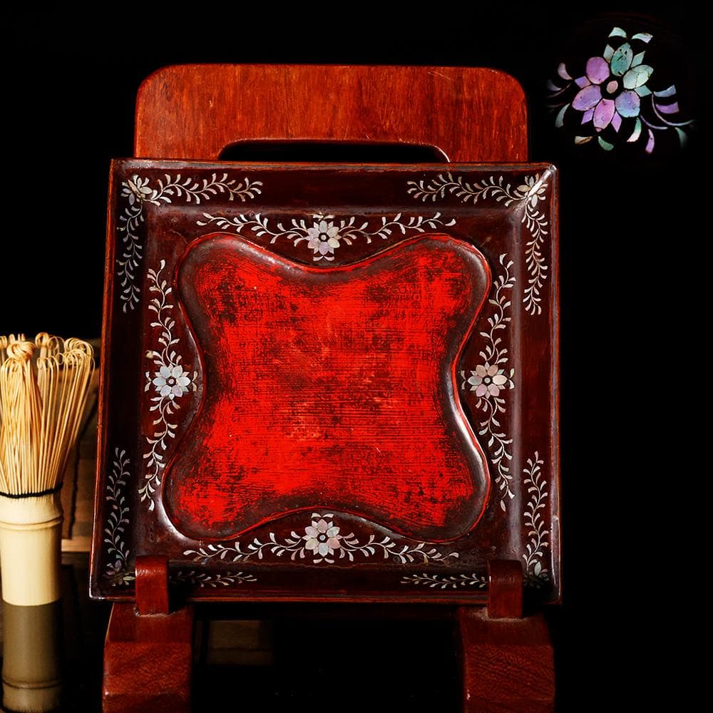 T　唐木　唐物四方盆　唐草螺鈿細工　茶道具　菓子鉢　菓子器　木製　共箱