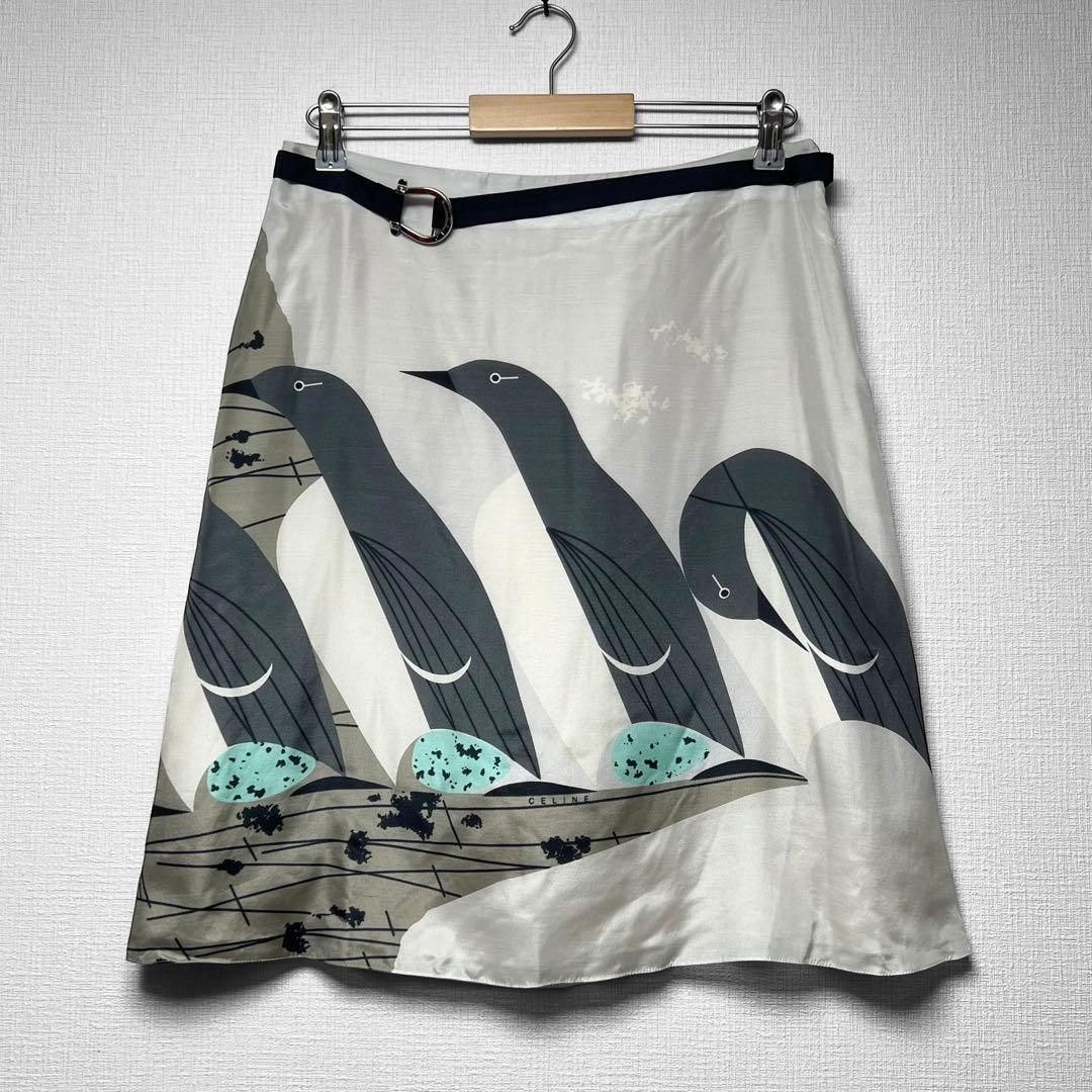CELINE セリーヌ ペンギン柄 金具デザイン シルクスカート 総柄 40