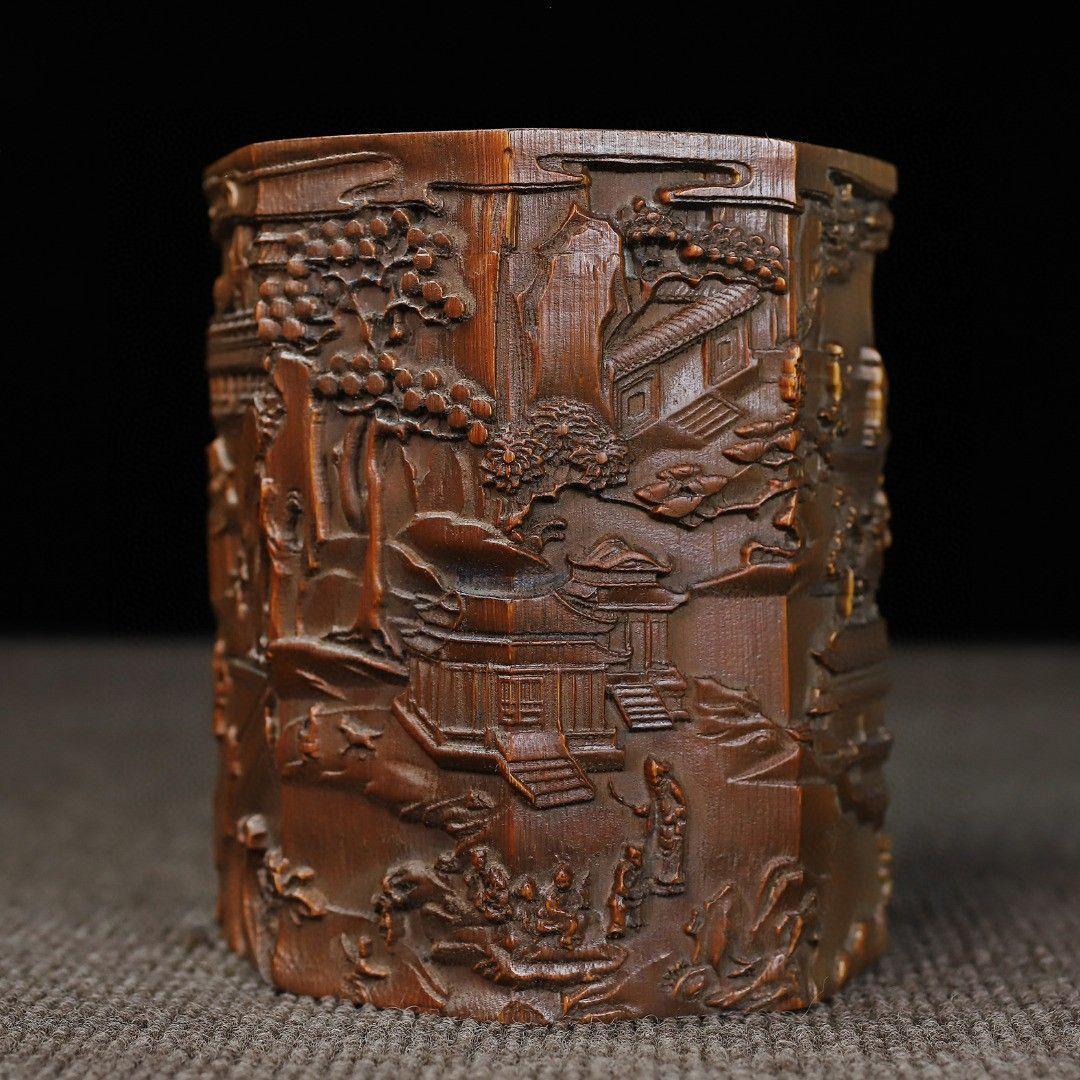 竹 彫刻 亭台楼閣筆箱 書道具 文房具 現代工芸品 美術品 置物