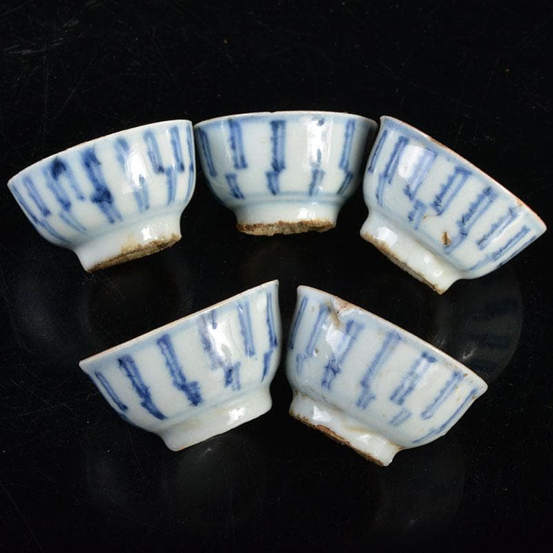 煎茶道具　南京染付　線文　茶杯　ぐい呑　五客　時代箱付　古玩　M R4512