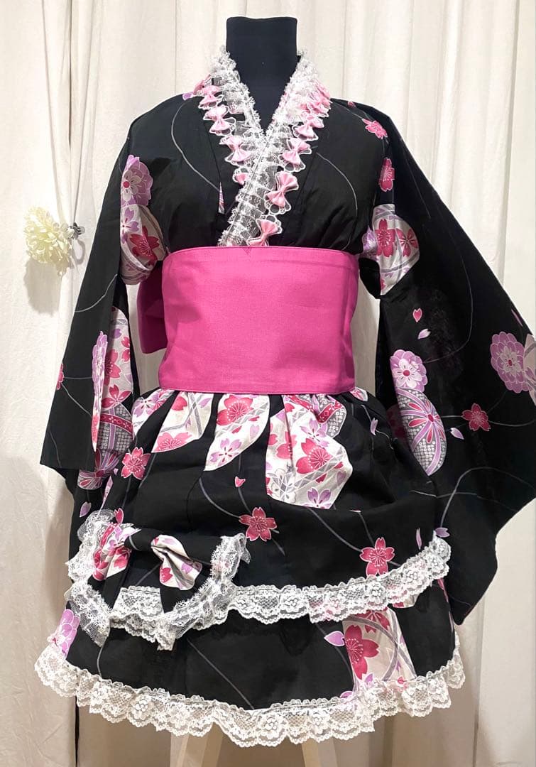 浴衣ドレスピンク黒地雷量産型ロリィタ値下げ可