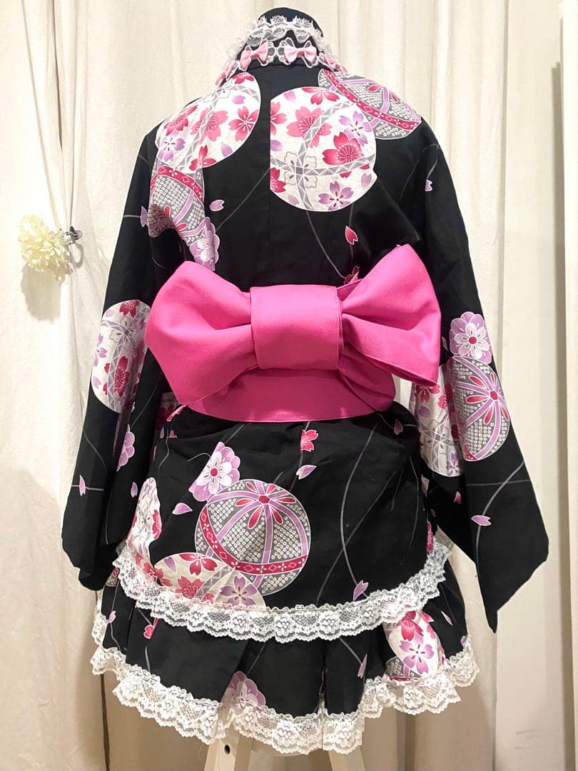 浴衣ドレスピンク黒地雷量産型ロリィタ値下げ可