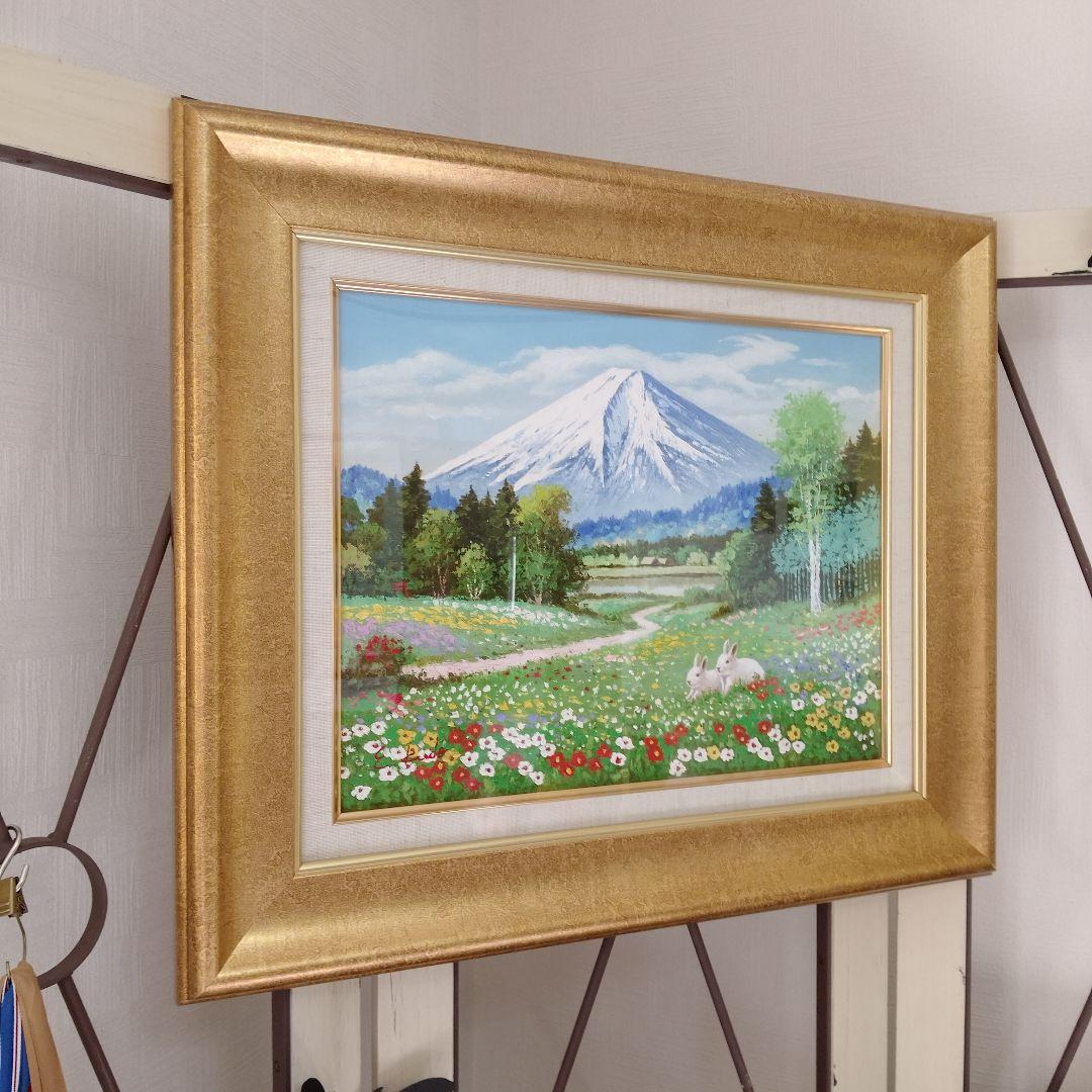 【美品】油彩画　サイン入り　富士山の風景画 　ウサギ　肉筆画　雪