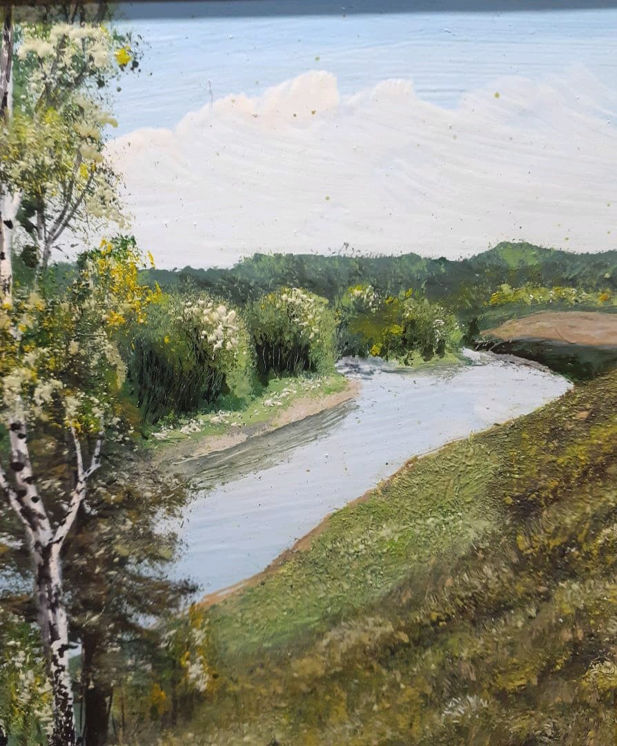 油彩　額装　出身　『ワレンチン　カザチョク』画　夏風景　白樺の木