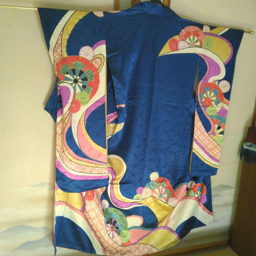 昭和レトロお誂え振袖　群青色　群馬桐生　手染め　正絹　ヴィンテージ着物